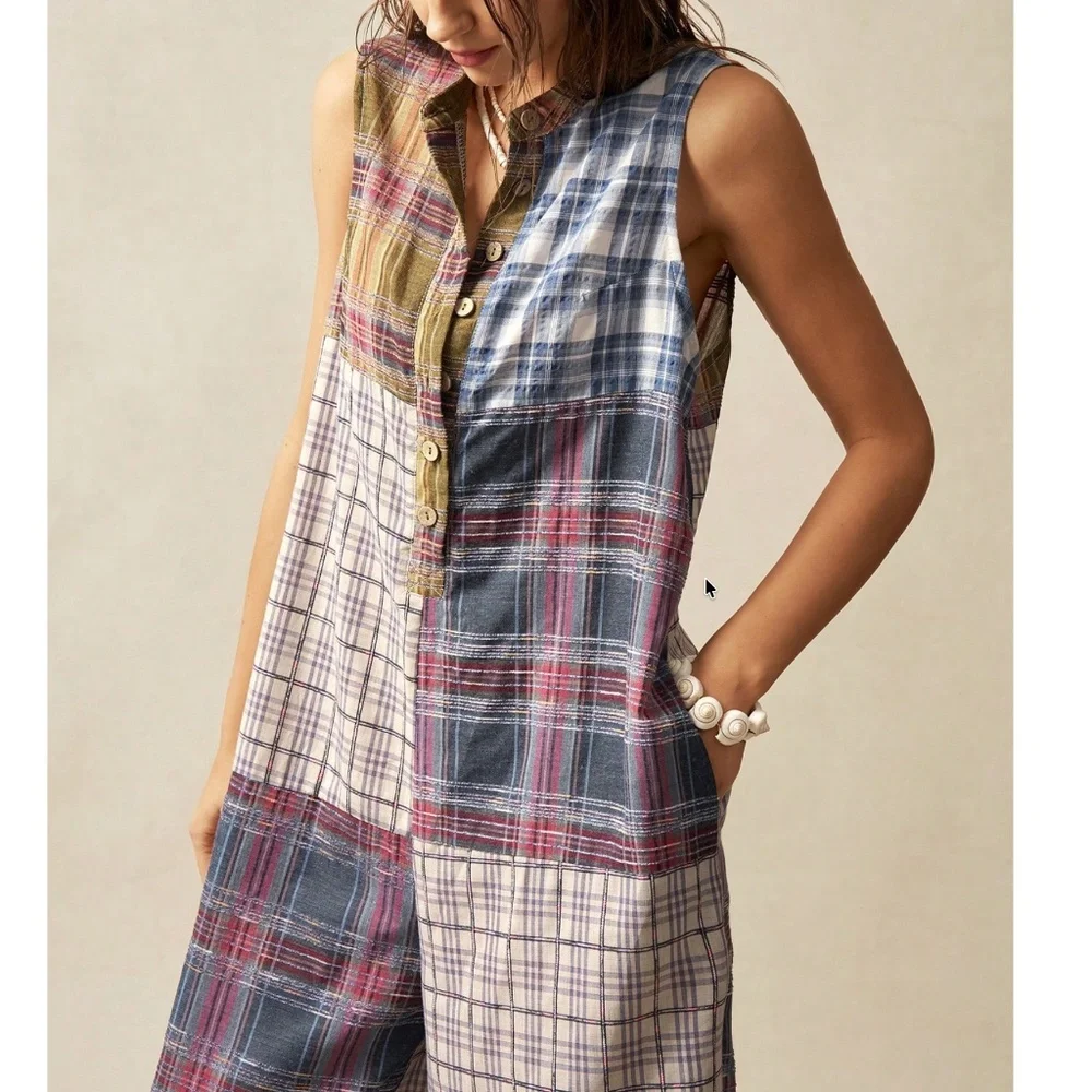 Plus Plaid Print Half Button Sleeveless Wide leg Jumper Jumpsuit - Picture 4 of 6